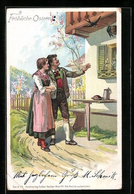 Artist postcard E. Döcker: Easter greetings, young couple watching swallows building egg 