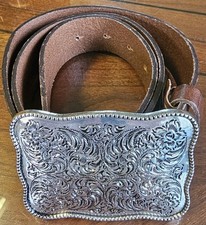 ZARA Brown Leather Belt - square Buckle - Size M/L - 37" Long