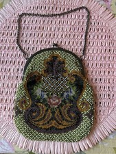 Antique Hand-Beaded HAND BAG Purse Czech Glass Art Deco Evening Bag Floral Rose