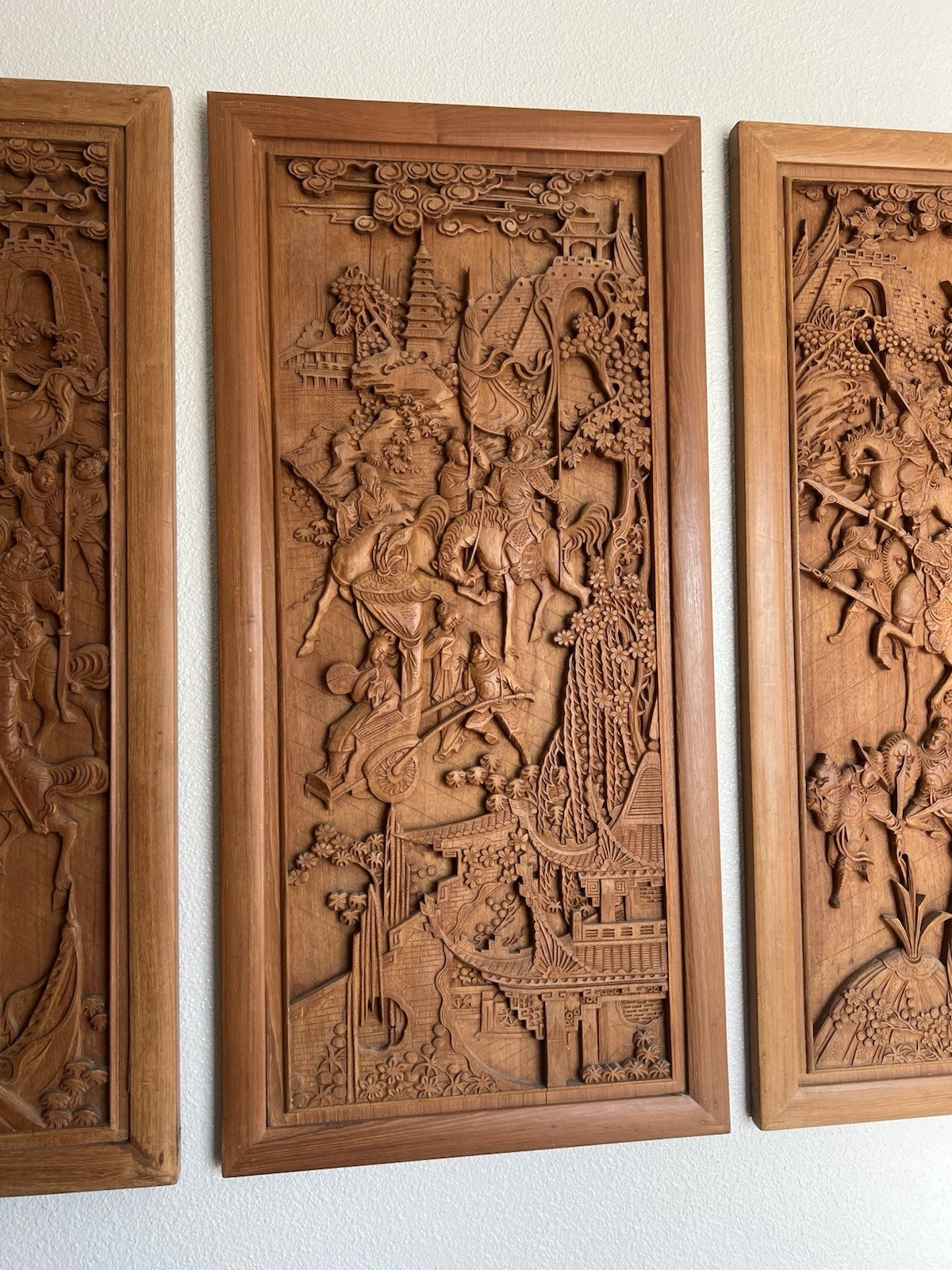 Set Of 4 Vintage Chinese Hand-Carved Wood Wall Panels