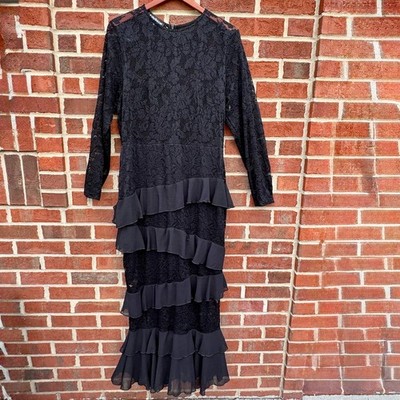 Whimsigoth Lace Maxi Dress LG/1XL Black Tiered Ruffles Victorian Gothic Romance