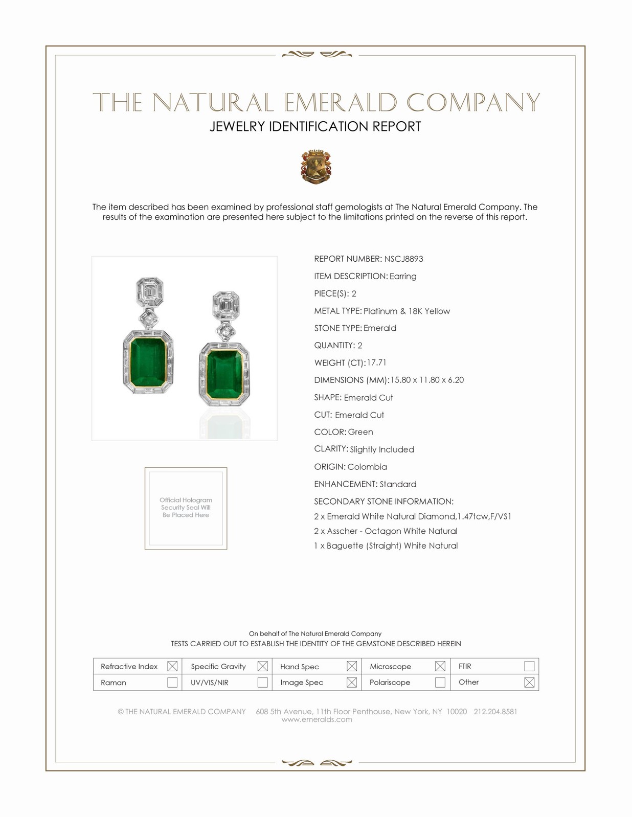 Colombia Emerald Cut Green Emerald Platinum & 18K Yellow Earring 17.71CT image 5