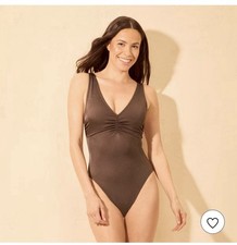 NWT Shade Shore Brown Shiny Ribbed Plunge V-Neck High Leg 1 Pc Swimsuit-M 8-10