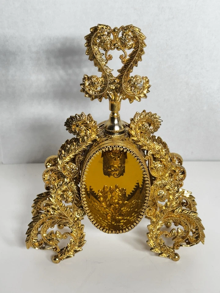 Botella de perfume vintage dorada Ormolu filigrana ámbar vidrio Hollywood Regency Foto 3 de 4