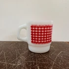 Vintage Anchor Hocking Fire King Milk Glass Mug Red Gingham Check