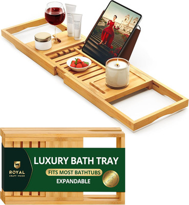 Premium Foldable Bathtub Tray Caddy - Wood Bath Tray for Tub, Bamboo Shelf, Expa