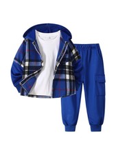 Boys Sweatsuit Fall Outfits Flannel Plaid Hoodie Shirt and Casual Sweatpants ...