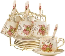 YOLIFE 8 OZ Pink Rose Tea Cups and Saucers Set of 6, Ivory Vintage Floral Porcel