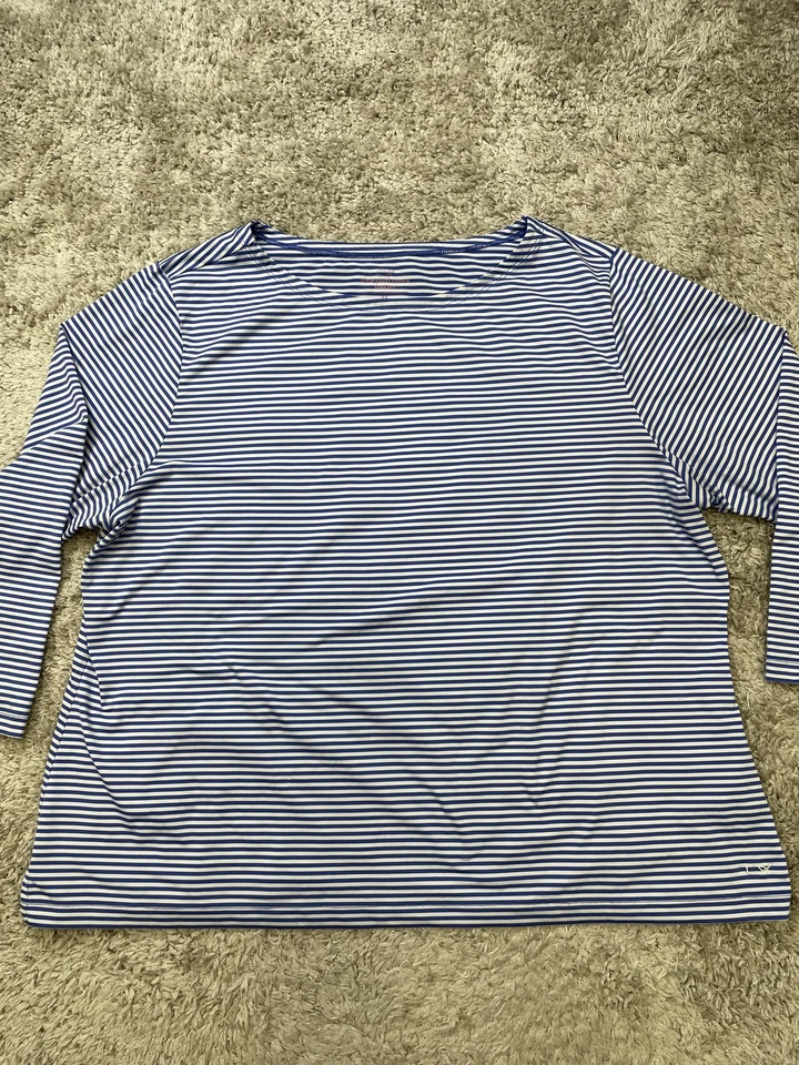 Camisa Vineyard Vines para mujer 3X azul blanco rayas sankaty manga 3/4 cuello barco Foto 4 de 4