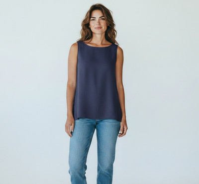 A4 Auth EILEEN FISHER Midnight 100% Silk Georgette Crepe Long Tank Top Size PP