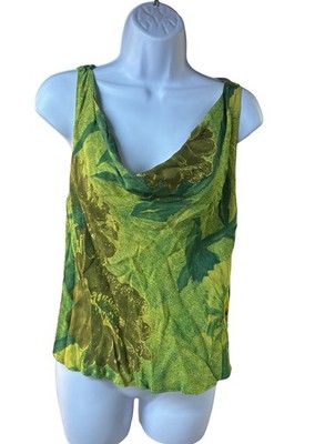 Cache Green Floral Tank Top Cowl Neck Sleeveless Sheer Lightweight Size 12