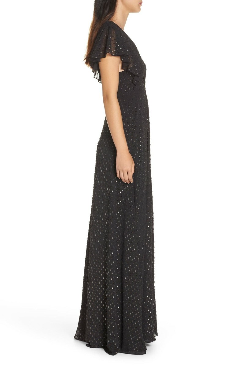 JILL Stuart Black Gold Metallic Textured Polka Dots Flocked Slit