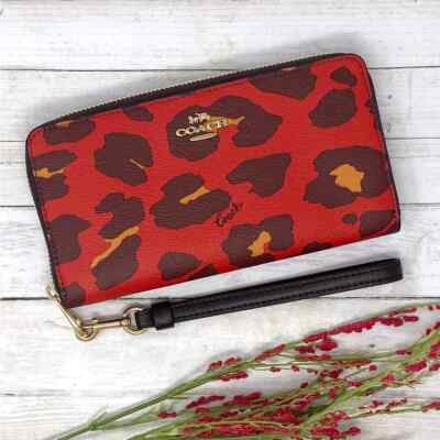 Coach Long Zip Around Wallet With Leopard Print in Bright Poppy