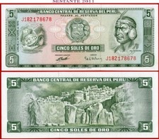 PERU  5 SOLES DE ORO 16 10 1970 P 99b UNC free shipping from 100$
