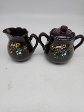 Vintage Japan Brown Lusterware Flower Creamer And Sugar Set