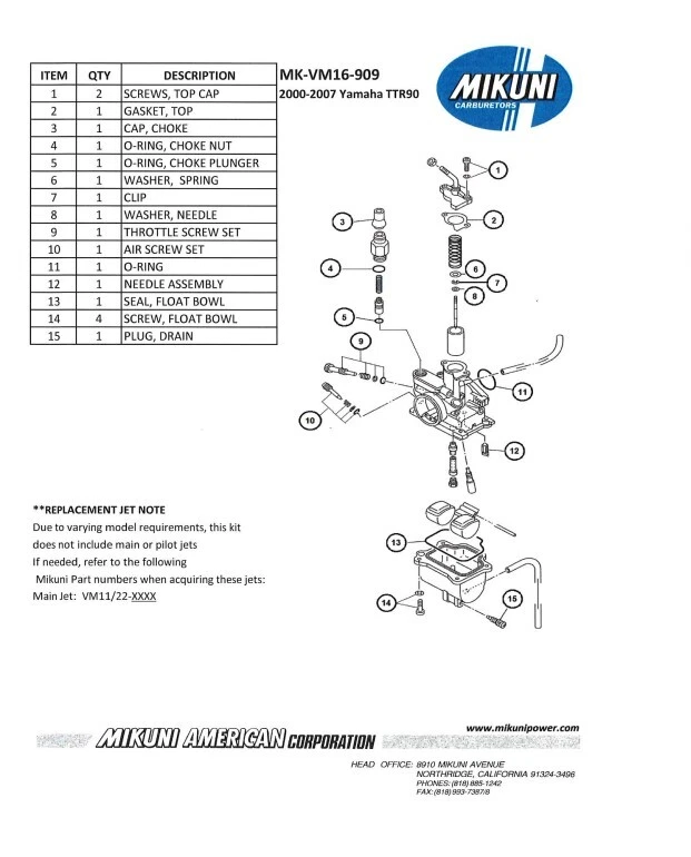全新!! 正品 Mikuni Carb 重建套件 2000 - 2007 年雅马哈 TTR 90 MK-VM16-909 — 第 2/2 张图片