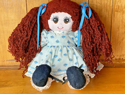 Cloth Doll Happy Annie Yarn Thick Brown Hair Big Eyes Blue Dress