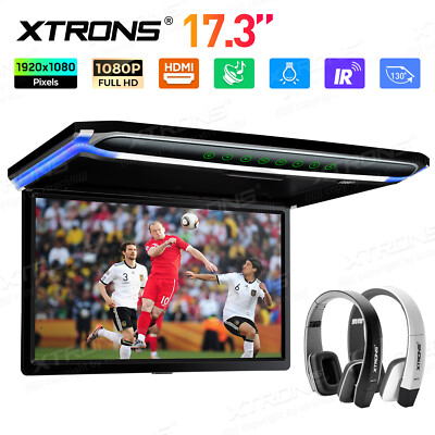 XTRONS 17.3'' FHD Screen Car Roof Mounted Monitor HDMI Player 1080P TV + Headsets