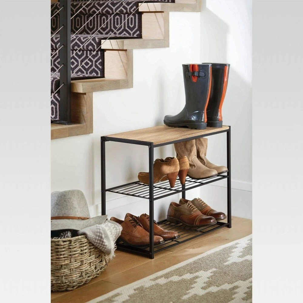 4 Tier Shoe Rack Black Metal with Natural Wood - Brightroom™