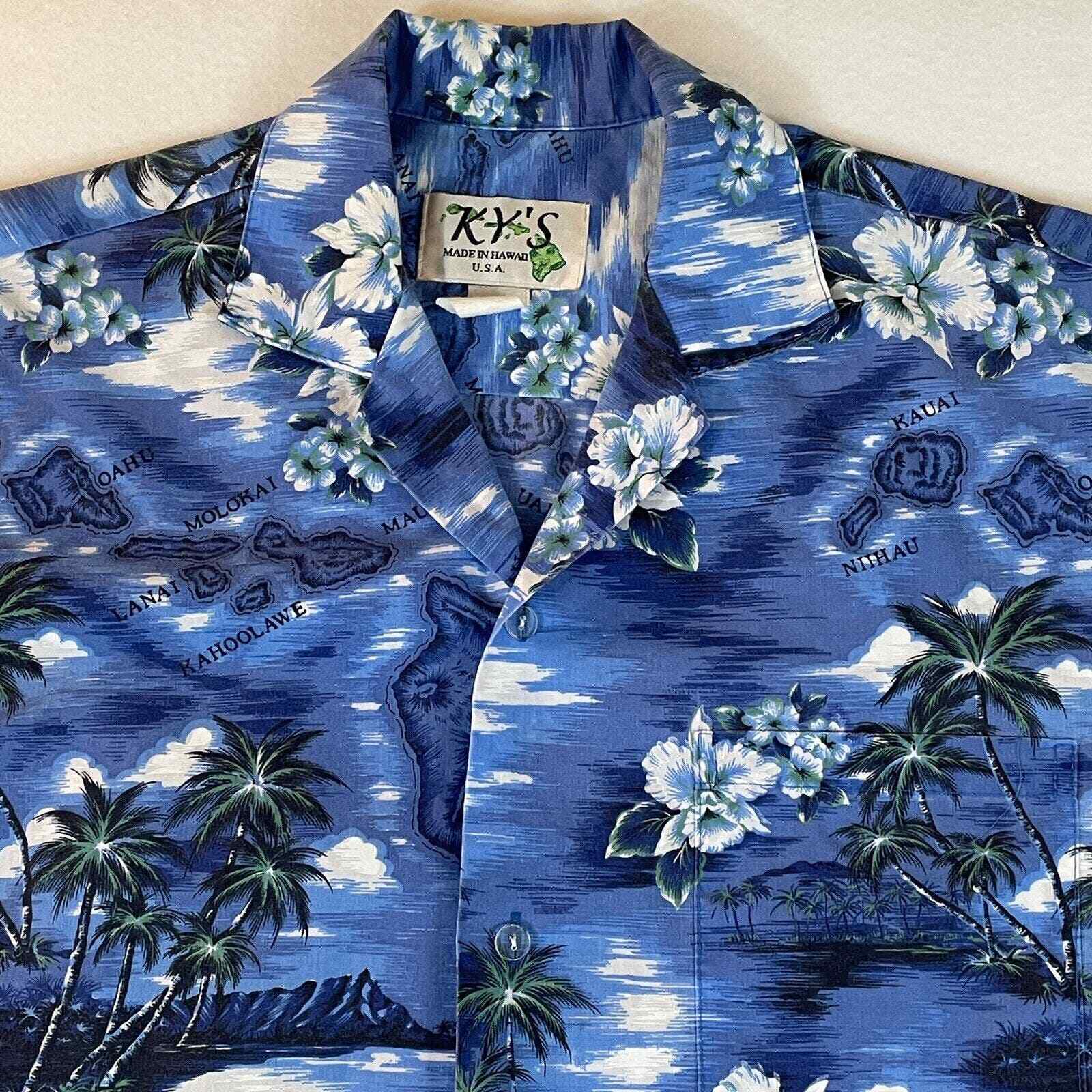 KY's Vintage Retro Hawaiian Shirt Mens MED Blue L… - image 3