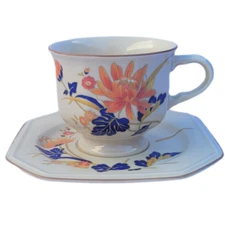 Vintage 80s Mikasa Majestic Orange Chrysanthemum Footed 2 Tea Cupsand Saucers