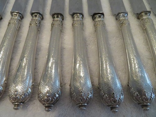 1900 french sterling guilloche silver (handles) 12 dessert knives Louis XVI st - 第 3/12 張圖片