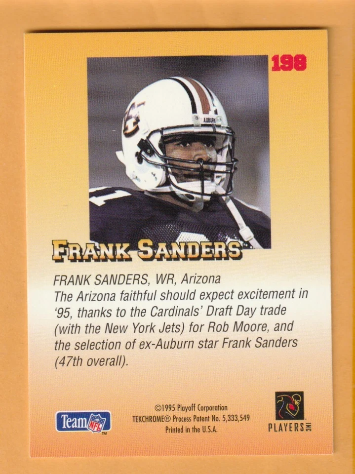 Frank Sanders Auburn Tigers 1995 Playoff Prime #198 RC Fort Lauderdale Florida - Image 2 of 2