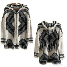 AQUA Fringe Long Hooded Cardigan S Aztec Western Chunky Boho Hippie Long