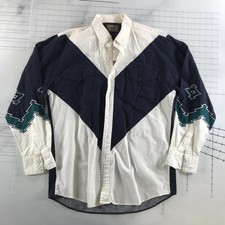Vintage Roper Shirt Mens Large Navy Blue Western Aztec Geometric Button Up 90s