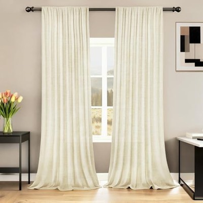 HESTIA Linen Curtains 108 Inches Long Light Filtering 2 Panel Set Cream Semi ...