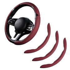 Car Steering Wheel Cover Leather 14.5-15 in Universal 3Pcs Set Wine Red