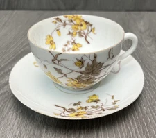Porcelain Teacup & Saucer Yellow Brown Floral Pattern Gold Trim Handpainted