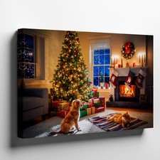 Cozy Christmas Scene Featuring A Beautifully Decorated Evergreen Tree Wall Art