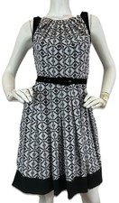 Eva Franco Anthropologie Belted Fit Flare Dress Sleeveless Black White Sz 4