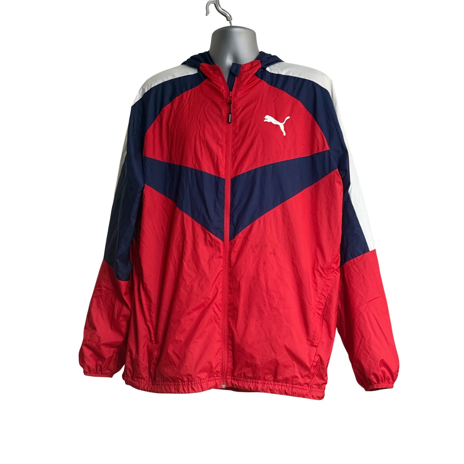 Puma Mens XL Windbreaker Jacket Red Navy Blue Colorblock Full Zip Hooded Sporty