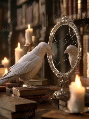 Albino White Raven & Mirror - 7 Sizes Wall Art Print Gothic Dark Academia Poster