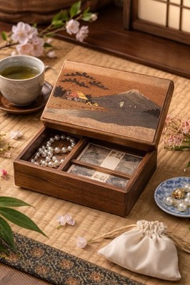YOSEGI JAPAN TREASURE CHEST PUZZLE BOX Mt. FUJI INLAY SECRET