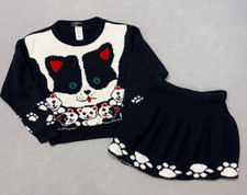 Vintage 90's Cat Jet Set Kids Sweater Skirt Outfit Whimsical Kidscore 6X Girl's
