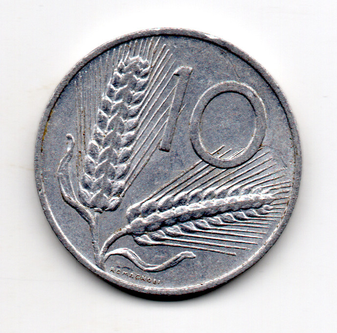 Italy 1955, Plough and reverse Two ears of wheat, 10 lire