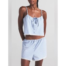 SKIMS Cotton Poplin Sleep Camisole Blue Stripe Cropped Button Lace Trim NWT XL