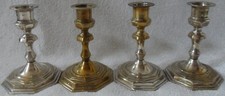 4 mosiężne świeczniki, częściowo posrebrzane, wysokość 11,5 cm, ośmiokątne nóżki