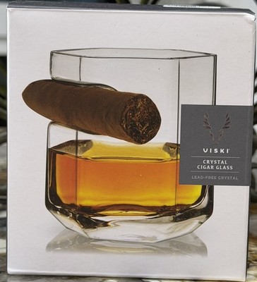Viski Lead-Free Crystal Cigar Glass 9oz Whiskey SET OF 2.  NEW cigar holder