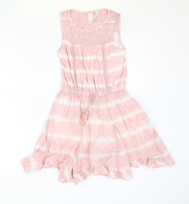 NEXT Mädchen rosa Batik 100 % Baumwolle Fit & Flare Größe 10 Jahre U-Boot-Ausschnitt Knopf
