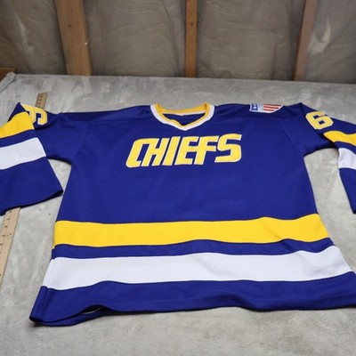 Mad Bros Charlestown Chiefs Hockey Jersey Men Large Blue Hanson 16 Stitched