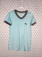 Victorias Secret PINK Semi Sheer V neck ringer dog logo tee shirt SMALL