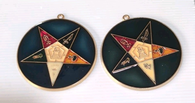 2 Vintage Handmade Stained Glass Order of the Eastern Star Suncatcher Ornament 