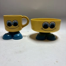 Deka Footsie Tootsie Smiley Face Cup - Yellow With Blue Feet Mug & Bowl. Vintage