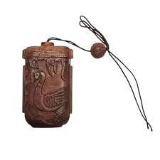 Japanese Hand Carved Wooden 2 Piece Inro With Ojime Bead Decorated With Birds