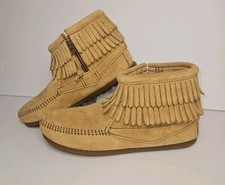 Minnetonka Moccasins Kids Sz 3 Leather Ankle Boots With Fringe Boho Zip Up Tan
