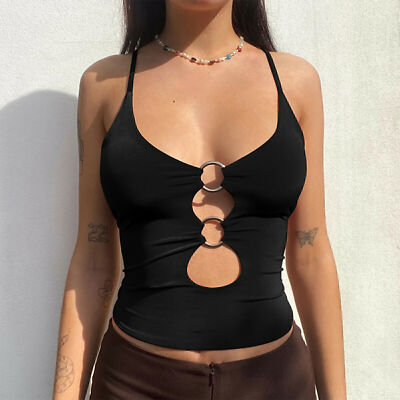 Women Crop Top Low-cut O Ring Keyhole Cami Vest Spaghetti Strap E-Girl Tops